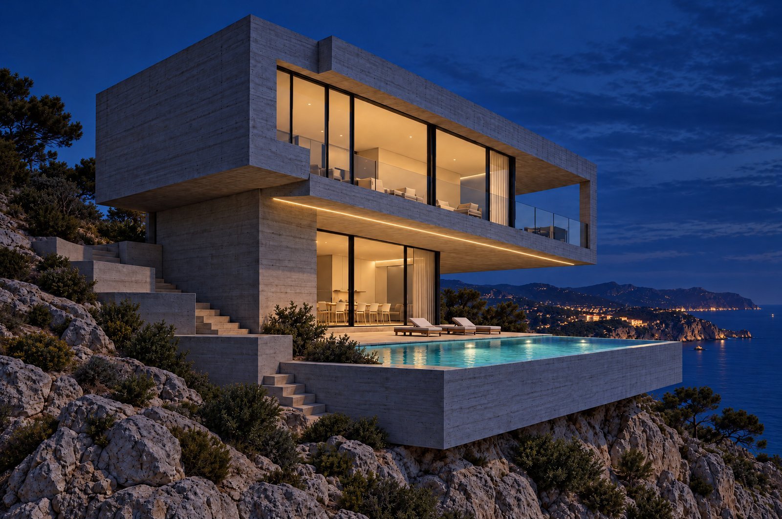 Villa sur falaise à l'heure bleue